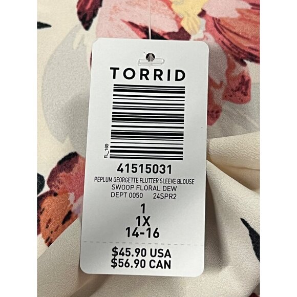 Torrid Floral Peplum Blouse 1X 14 16 Flutter Sleeves Georgette Floral Pink New - Picture 6 of 9